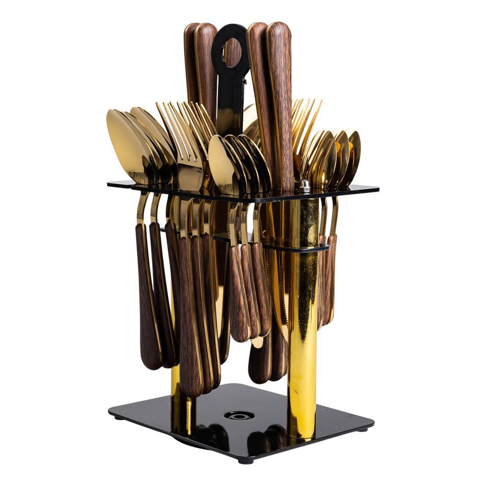 Набор столовых приборов на 6 персон с деревянными ручками на подставке столовые приборы 24 шт Золото HP-20-2 Киев - изображение 3