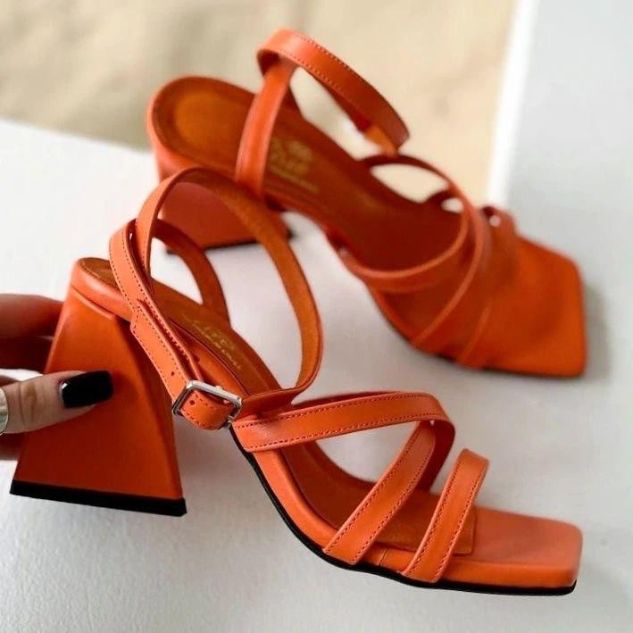 LIRIO Яскраві босоніжки жіночі помаранчеві, натуральна шкіра літні на стійких підборах LIRIO L0 Коломия - фото 1