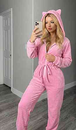 Женский стильный повседневный комбинезон с ушками велюр-плюш Розовый, 40/42 Одесса