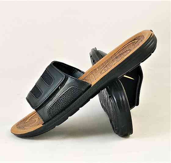 Мужские Шлёпанцы Тапочки Кожаные Черные Сланцы на Липучке (размеры: 41,42,43,44,45) Днепр