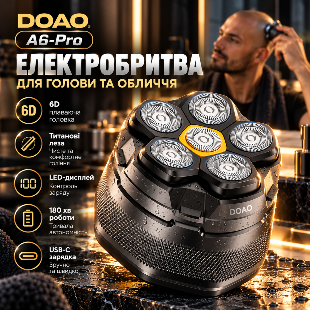 Електробритва DOAO A6-Pro для голови та обличчя, 6D плаваюча головка, титанові леза, LED-дисплей, USB-C, 180 хв Київ - фото 1
