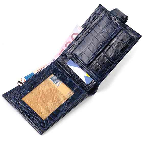 Містке горизонтальне портмоне для чоловіків з натуральної шкіри з тисненням під крокодила CANPELLINI 21883 Синє Київ