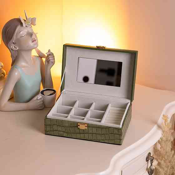 Скринька для прикрас з еко шкіри 10 відділень з дзеркалом 20×14×8 см Зелений HP-5-19GR Київ