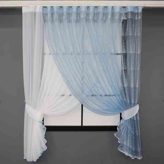 Кухонные шторки VR-Textil № 101к с подвязками молочный с голубым 330х170 см (52-0308) Киев