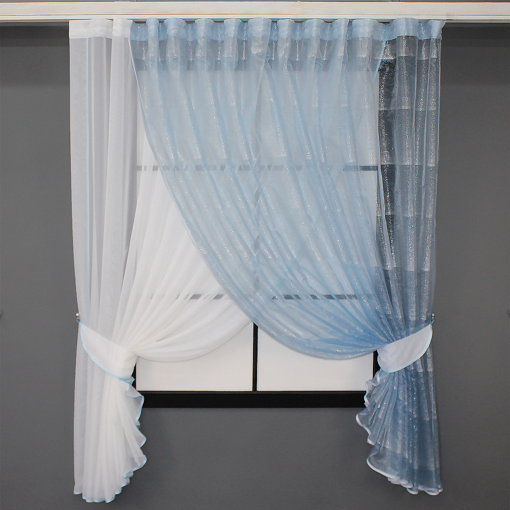 Кухонные шторки VR-Textil № 101к с подвязками молочный с голубым 330х170 см (52-0308) Киев - изображение 1