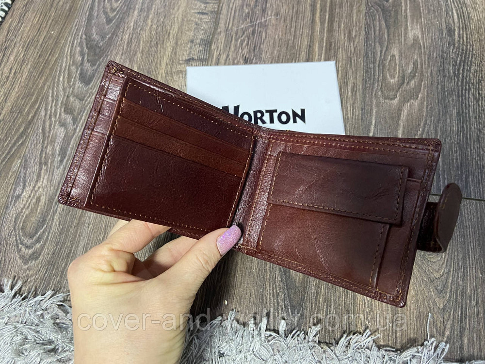 Классический мужской кожаный портмоне двойного сложения коричневого цвета Horton Киев - изображение 3