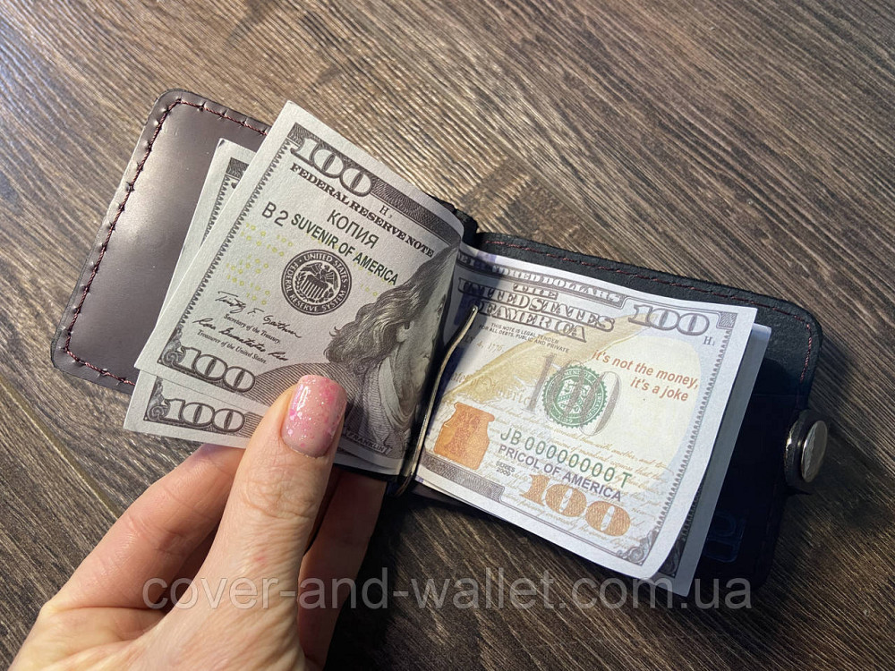 Тонкий шкіряний затискач для грошей на кнопці з кишенями для карток PUOS Київ - фото 5