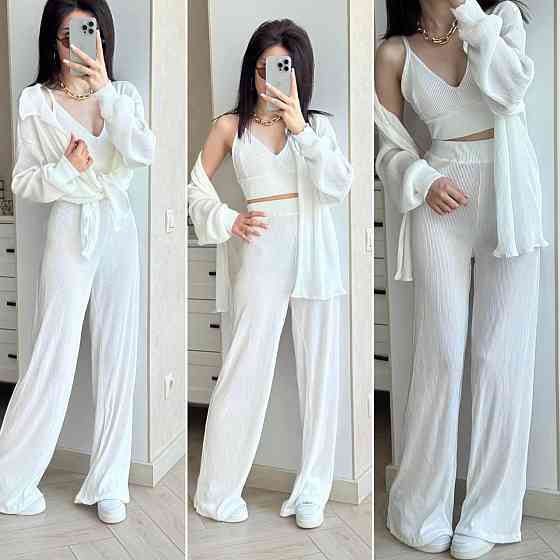 Жіночий легкий базовий костюм трійка: сорочка топ і штани плісе Одеса