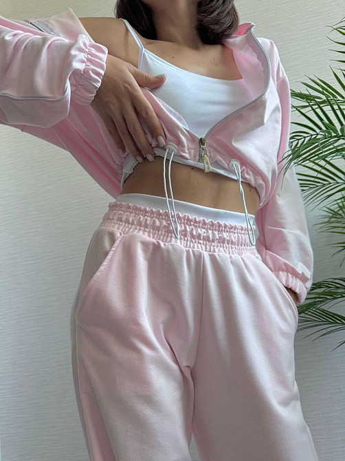 Женский прогулочный костюм тройка: кофта топ и штаны  двунить + микродайвинг Розовый, 46/48 Одесса - изображение 6