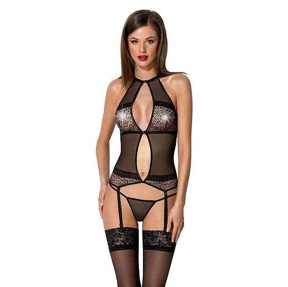 Корсет з пажами Passion SATARA CORSET XXL/XXXL black, стрінги, мереживо, застібки спереду та ззаду Sex Aura Київ