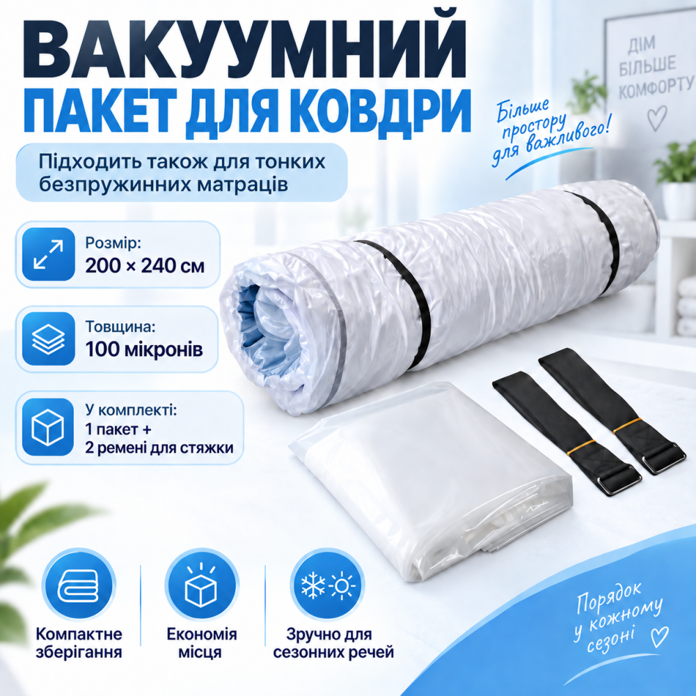 Вакуумний пакет для зберігання для ковдри 200×240 см, матраца для великих ковдр, із ZIP-замком, вакуумний мішок Кам'янець-Подільський - фото 1