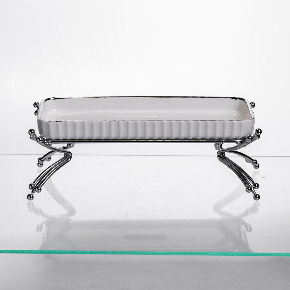 Порцелянове блюдо для сервірування на металевій підставці 37×18×5 (см) блюдо для подачі закусок Білий зі сріблом LB-1566S Київ - фото 1