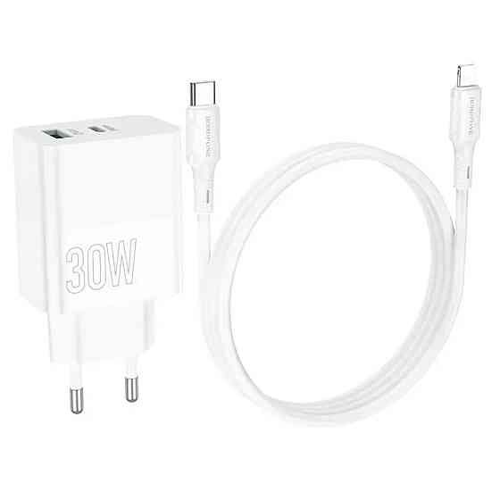 Мережевий зарядний пристрій BOROFONE BA75A Powerful dual port PD30W+QC3.0 charger set(C to iP) White Киев