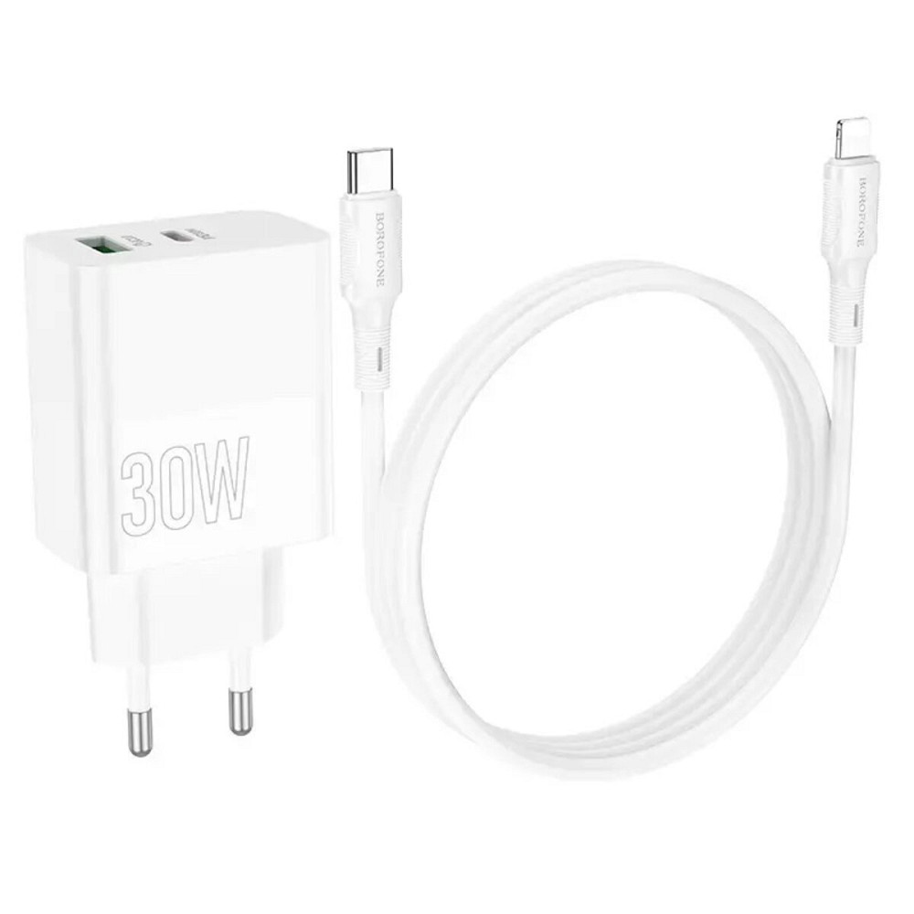 Мережевий зарядний пристрій BOROFONE BA75A Powerful dual port PD30W+QC3.0 charger set(C to iP) White Киев - изображение 1