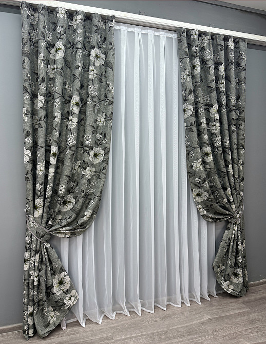 Комплект готових штор VR-Textil Льон з квітковим принтом "Прованс" № 1724ш Сірий 150х265 см 2 шт (33-0637) Київ - фото 3