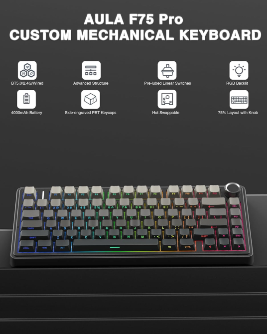 Бездротова механічна клавіатура AULA F75 Black RGB — 75%, Hot-Swap, Bluetooth/2.4GHz/Type-C, Gasket Mount, Бічне гравіювання Київ - фото 4