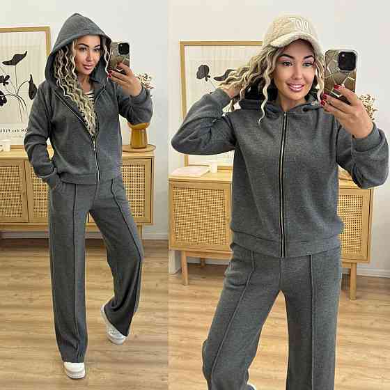 Женский теплый прогулочный костюм двойка: кофта и штаны вязка на трикотажной основе Графит, 42/44 Одесса