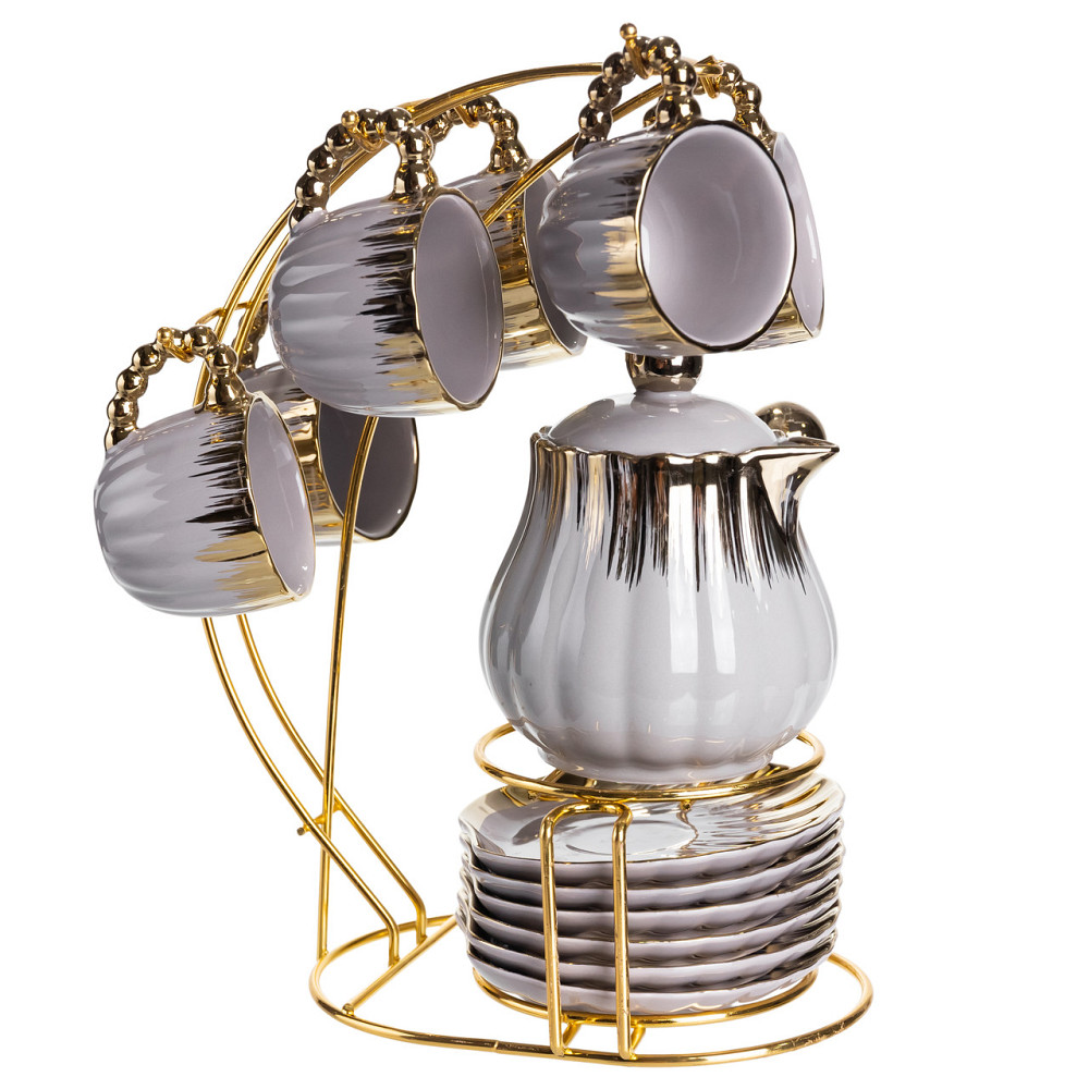 Кавовий сервіз на підставці з туркою 450 (мл) 6 чашок по 90 (мл) подарунковий набір чашок на підставці Сірий із золотом FM-JJ-4 Коломия - фото 5