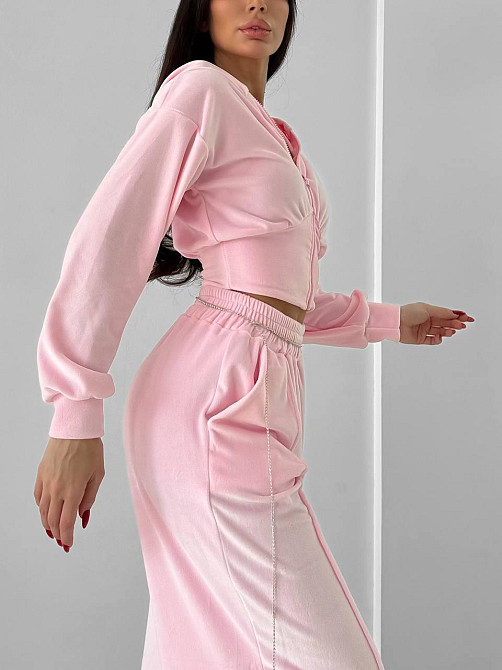 Жіночий прогулянковий костюм-двійка: кофта на блискавці та штани з велюру Рожевий, 42/44 Одеса - фото 3