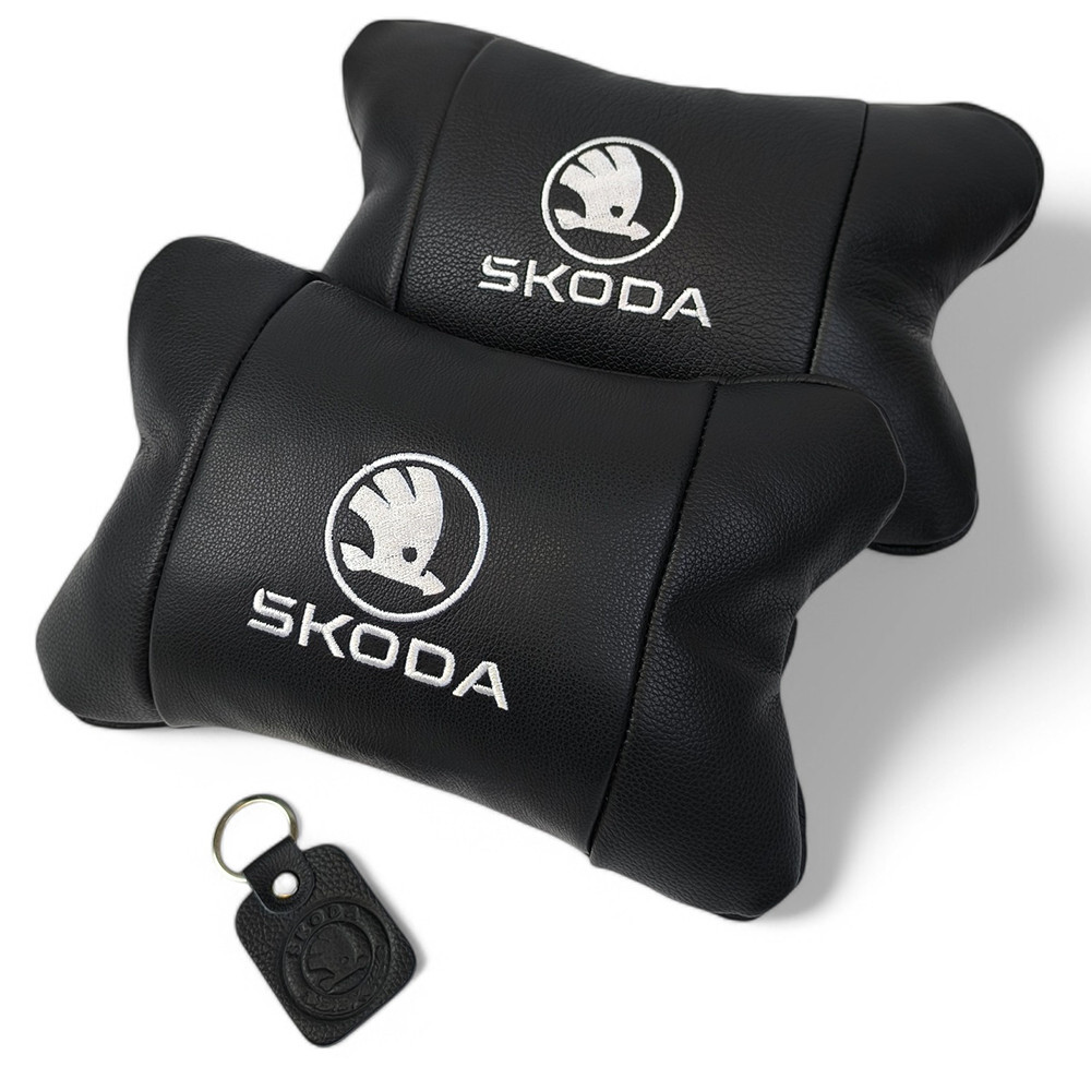 Набір автоподушок 2шт на підголівник Skoda / Шкода з натуральної шкіри чорні + брелок у подарунок Київ - фото 4