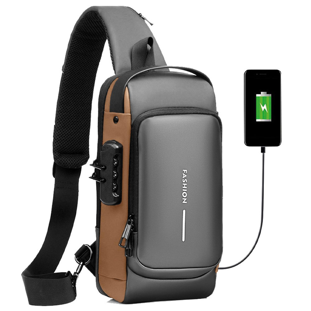 Чоловіча сумка через плече з USB-роз'ємом та кодовим замком,32х16см,Сірий SBR Київ - фото 1