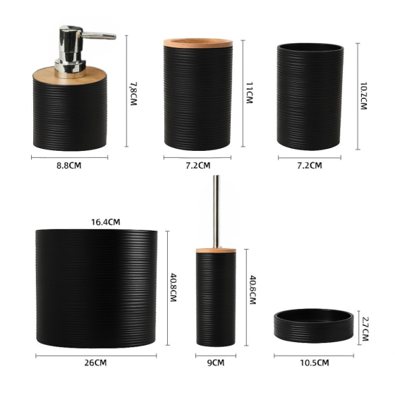 Набор аксессуаров 6в1 для ванной комнаты и душа, урна,дозатор для мыла, мыльница, стаканы,ёршик черный Каменец-Подольский