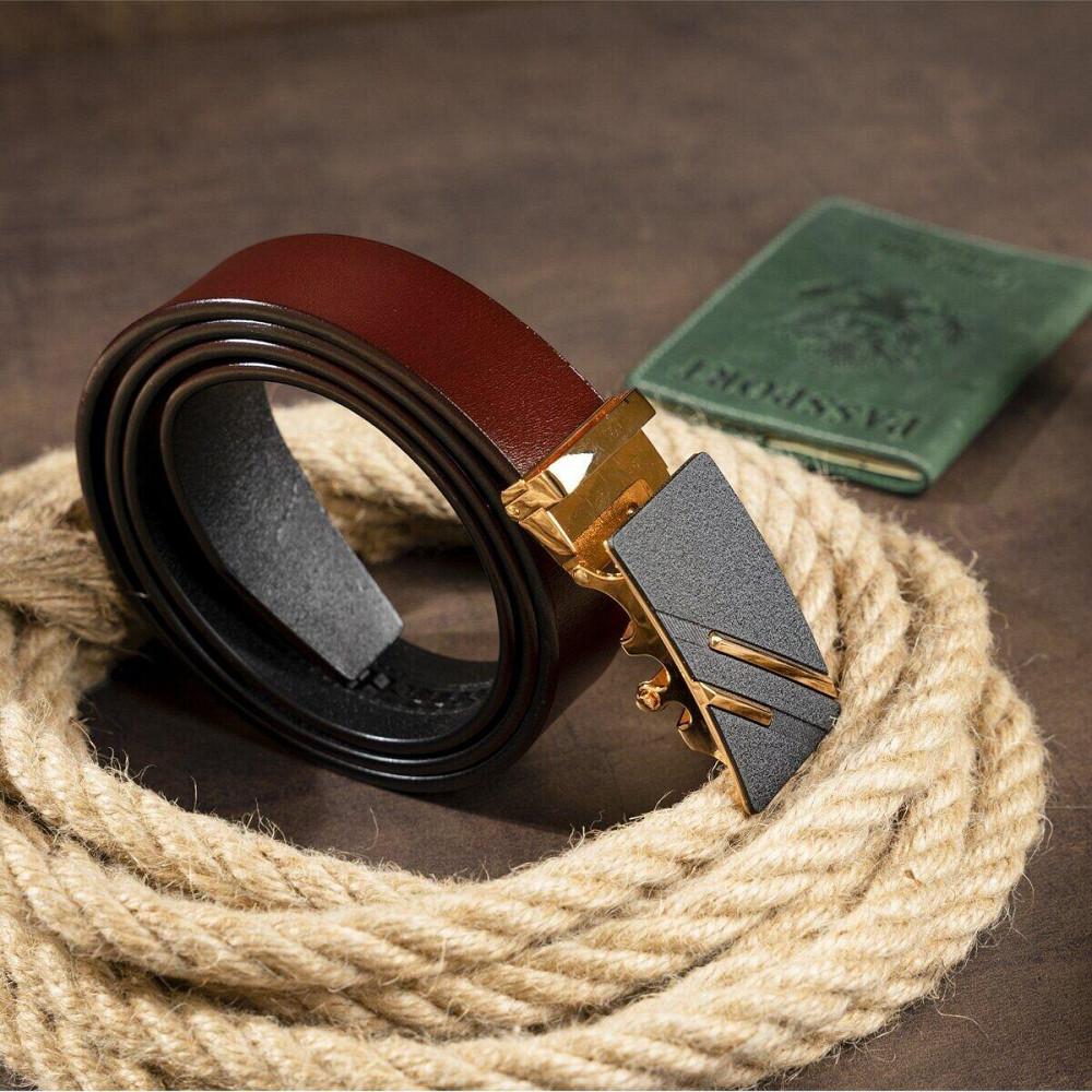 Ремень мужской с золотистой пряжкой и черной вставкой Vintage 20324 Коричневый Киев - изображение 1