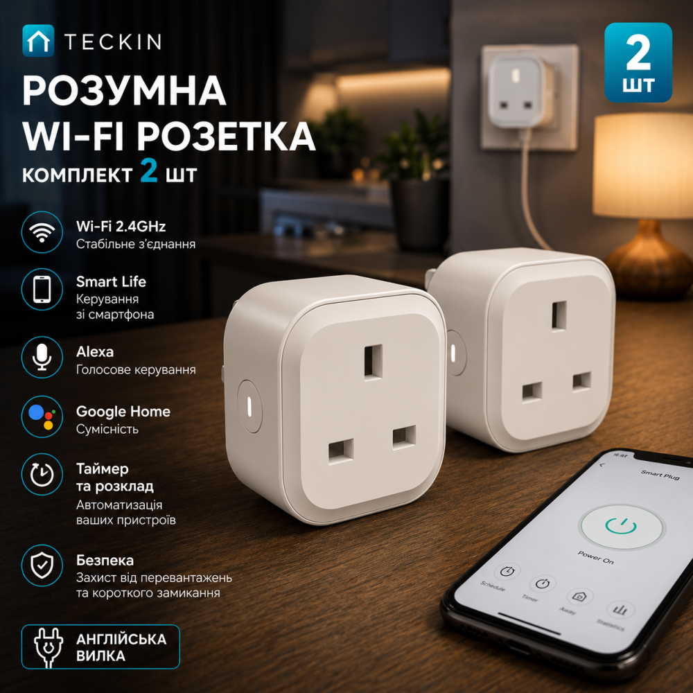 Смарт-розетка TECKIN SPN23 Wi-Fi 2.4GHz комплект 2 шт, Smart Life, Alexa, Google Home, таймер, англійська вилка Київ - фото 9