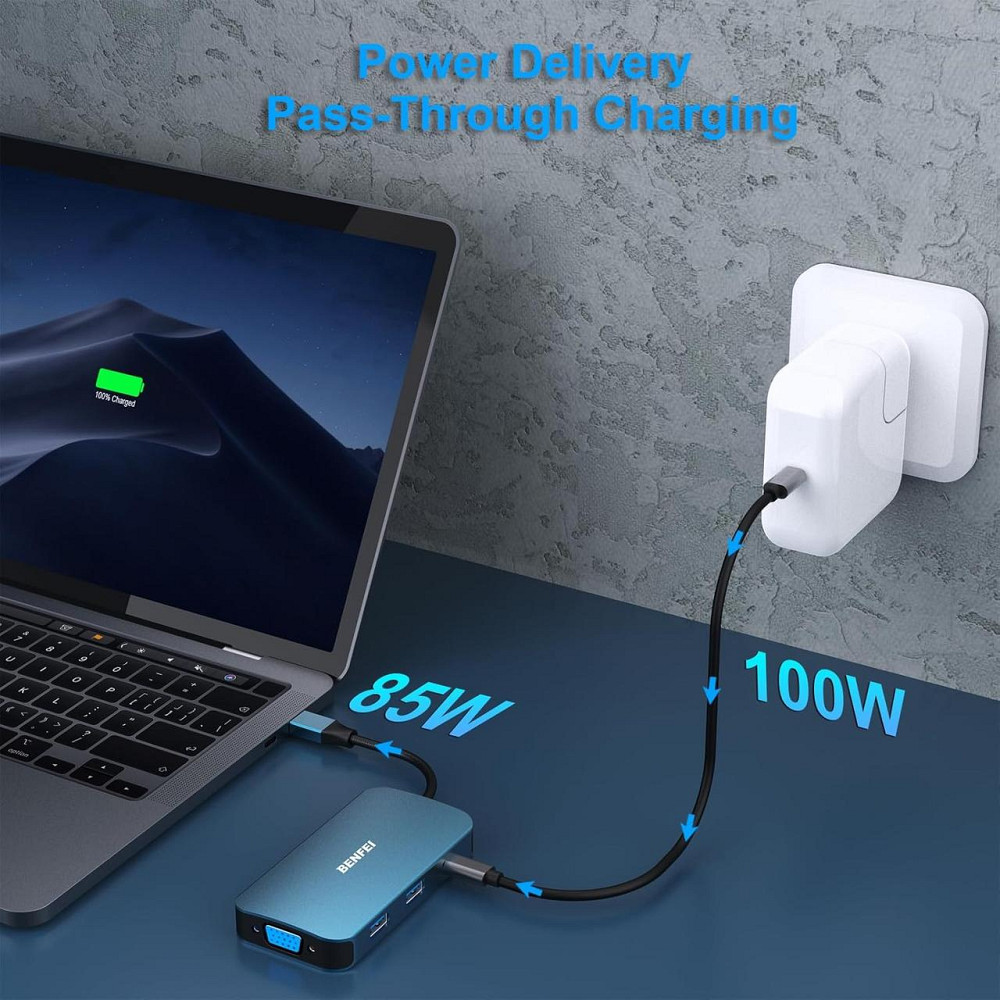 Хаб 8в1 BENFEI USB C концентратор, док-станція з потрійним дисплеєм, 2 HDMI, VGA, 3 USB 3.0, 100 Вт, 3,5-мм AUX аудіо Київ - фото 7