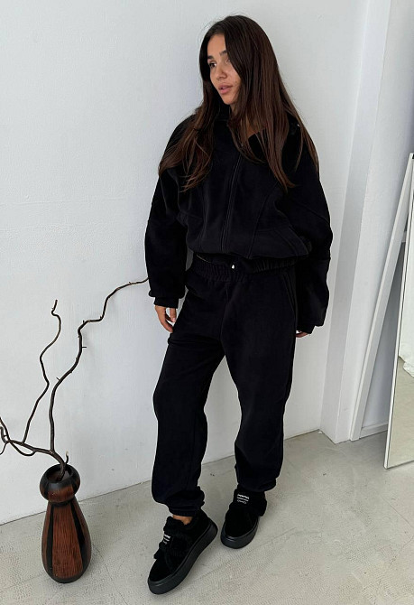 Жіночий теплий спортивний костюм: кофта та штани турецький двосторонній фліс Чорний, 42/44 Одеса - фото 1