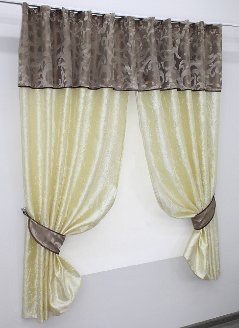 Кухонные шторы VR-Textil № 073к с ламбрекеном и подхватами светло-золотистый с какао 270х170 см (52-0183) Киев - изображение 2