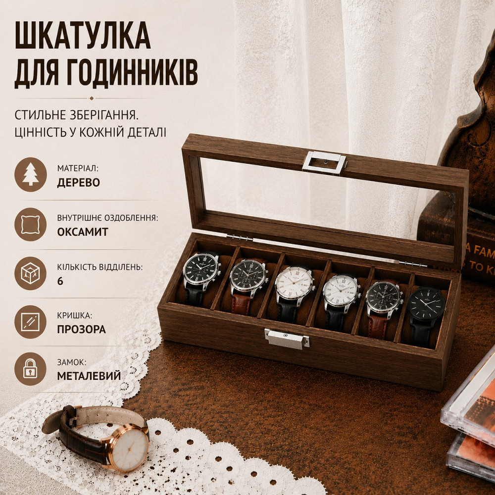 Шкатулка для хранения часов органайзер на 6 отделений деревянная с прозрачным окном,футляр органайзер для наручных часов Каменец-Подольский - изображение 7