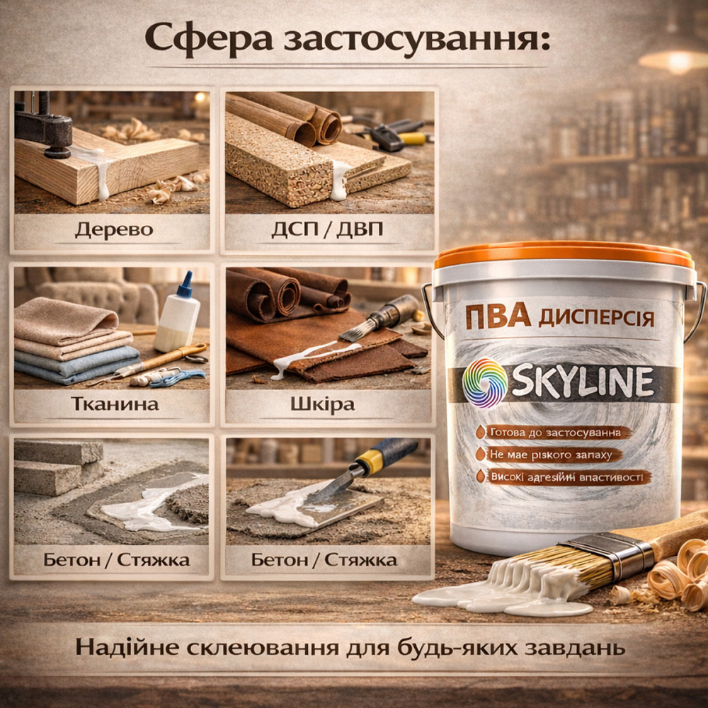 Клеєва дисперсія ПВА пластифікована SkyLine універсальна, готова до застосування для дерева та будівельних сумішей 10 кг Харків - фото 3
