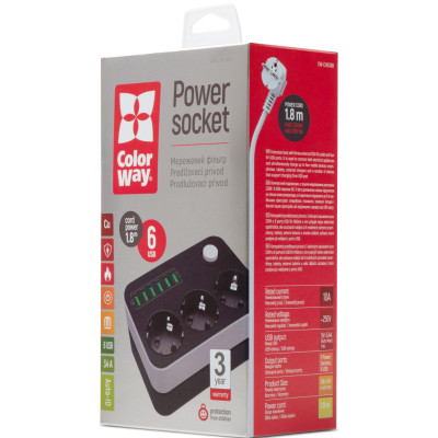 Мережевий фільтр живлення ColorWay CW-CHЕ36B, 3 розетки/6USB Black 1.8M (CW-CHE36B) Вінниця - фото 9