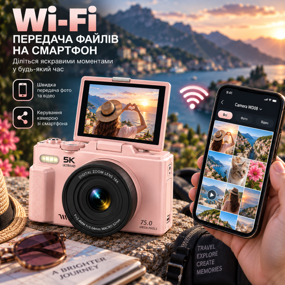 Цифрова камера WD08 5K 75 МП Wi-Fi, 3" поворотний екран 180°, автофокус, 18x Zoom, карта 64 ГБ, біла Київ - фото 3