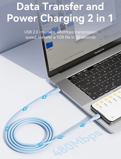 Кабель USB 2.0 Type-C M-M, 1.0 м 100W Light Blue Silicone Vention Вінниця - фото 2