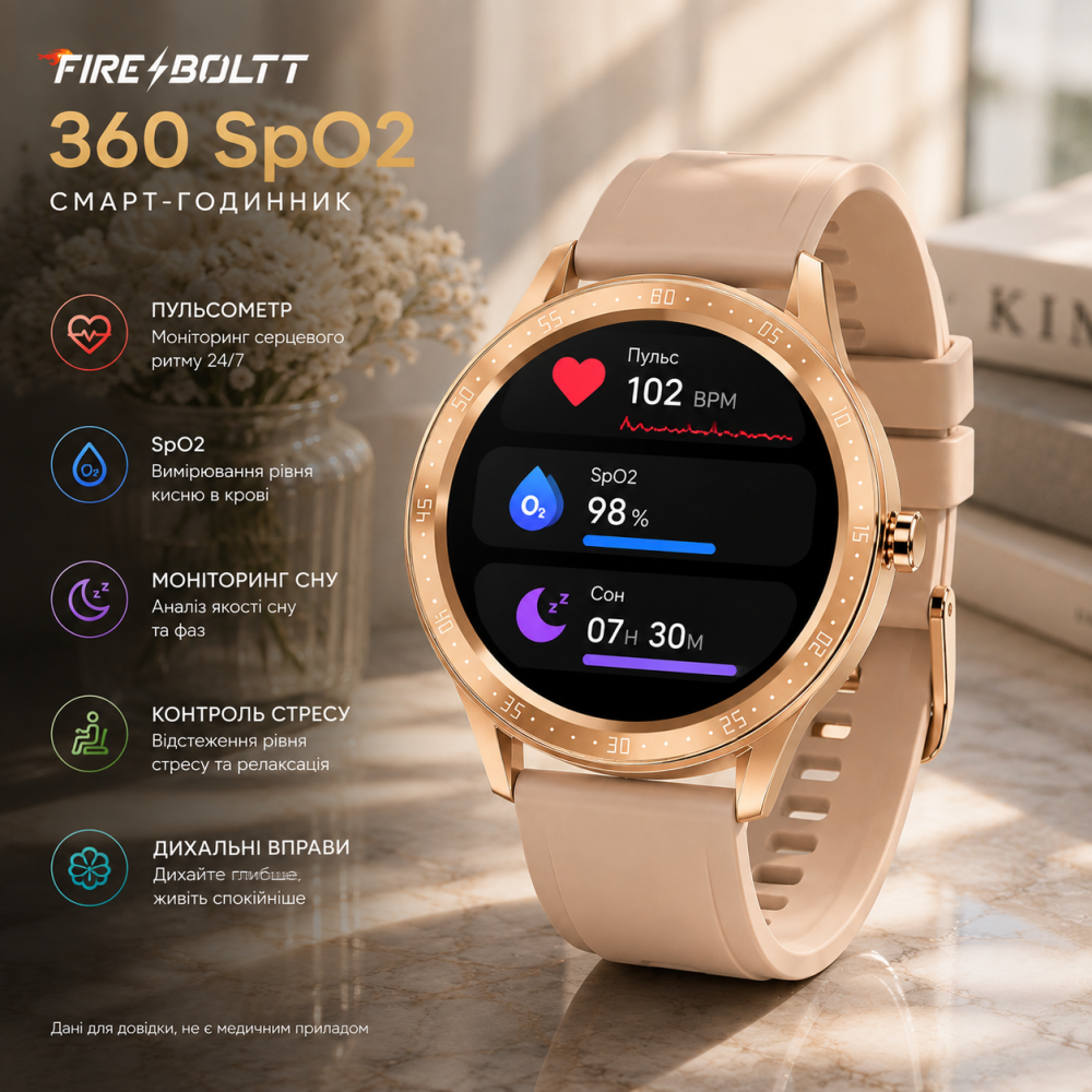 Смарт-часы Fire-Boltt 360 SpO2, 1,3″ HD Full Touch, Bluetooth, пульс, кислород SpO2, игры, до 8 дней, IP67, золотистые Киев - изображение 4