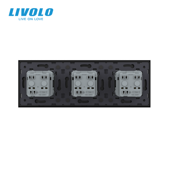 Потрійна електрична розетка з заземленням LIVOLO, чорна, скляна матова рамка, шторки, 250В 16А Коломыя