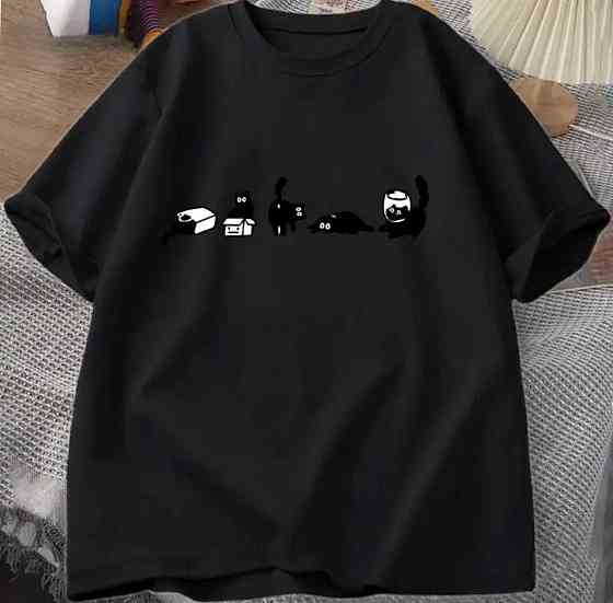 Женская стильная оверсайз футболка с минималистичным принтом котов кулир Черный Одесса