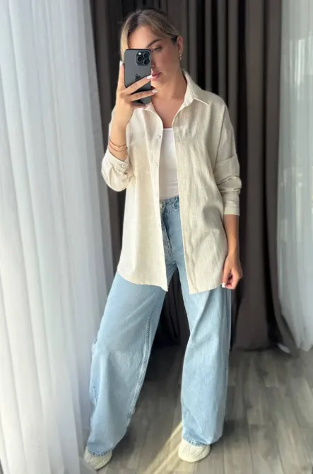 Женская льняная рубашка свободного кроя — мокко, светло-бежевый, светло-серый Одесса - изображение 11