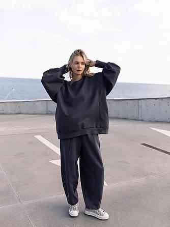 Женский оверсайз костюм: объемная кофта с трендовыми брюками бананами турецкий дабл фейс 100% хлопок Графит Одесса