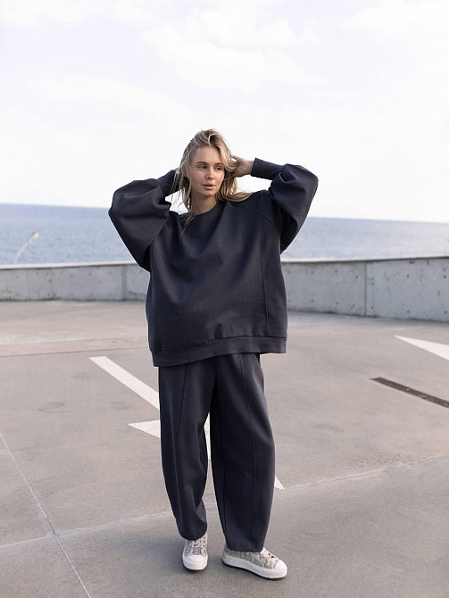 Жіночий костюм оверсайз: об'ємна кофта з трендовими штанами бананами турецький дабл фейс 100% бавовна Графіт Одеса - фото 3