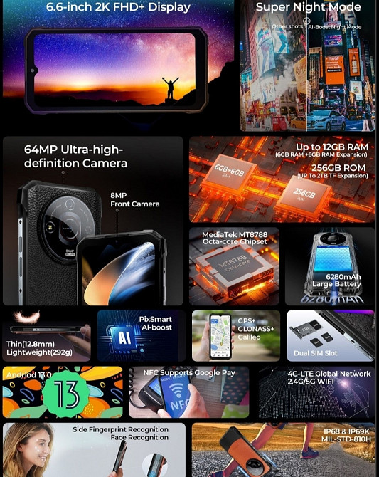 Смартфон HOTWAV T7 Pro 6/256Gb. Black / Orange IP69/69 6280Mah 64mp. Киев - изображение 7