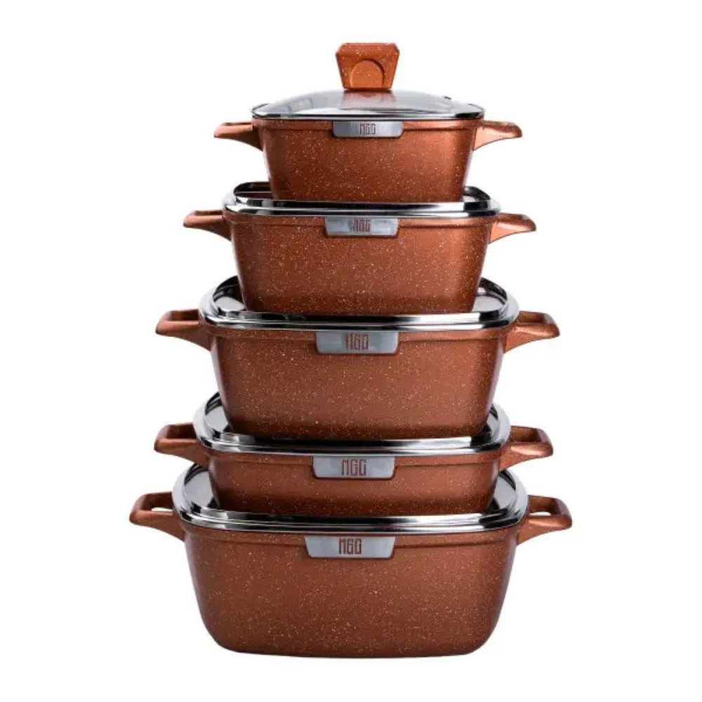 Набір з 5 алюмінієвих квадратних каструль з товстим дном MGC + лопатка, ополоник, рукавички та фартух HP-4-468 Київ - фото 2