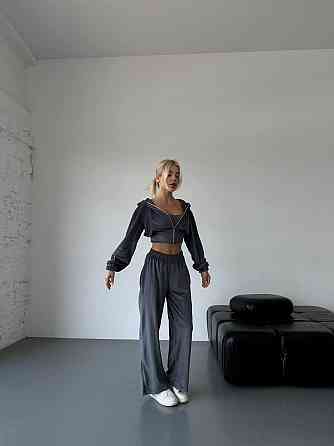 Жіночий стильний прогулянковий костюм-двійка: кофта та штани велюр-плюш Графіт, 48/50 Одеса