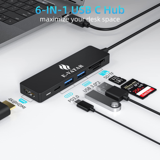 Концентратор USB Hub Хаб USB-C E-VATAR 6-в-1 USB 1 HDMI, 2 USB 3.0, 100 Вт PD3.0, 1 SD/TF Киев