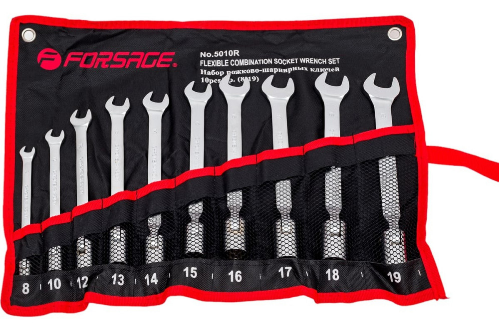 Набір ключів рожково-торцевих шарнірних 10пр. (8, 10, 12-19мм), на полотні FORSAGE F-5010R Одесса - изображение 1