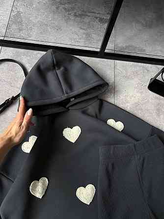 Жіночий теплий прогулянковий костюм-двійка з сердечками тринитка на флісі + ангора рубчик Графіт, 42/44 Одеса