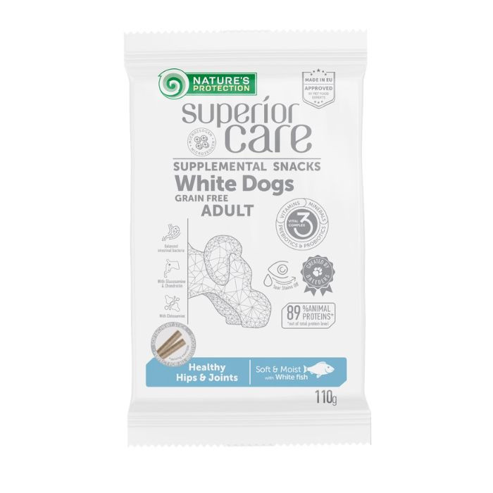 Nature's Protection Superior Care White Dogs Healthy hips & joints Беззернові ласощі для дорослих собак із білим забарвленням з білою рибою,  Київ - фото 1