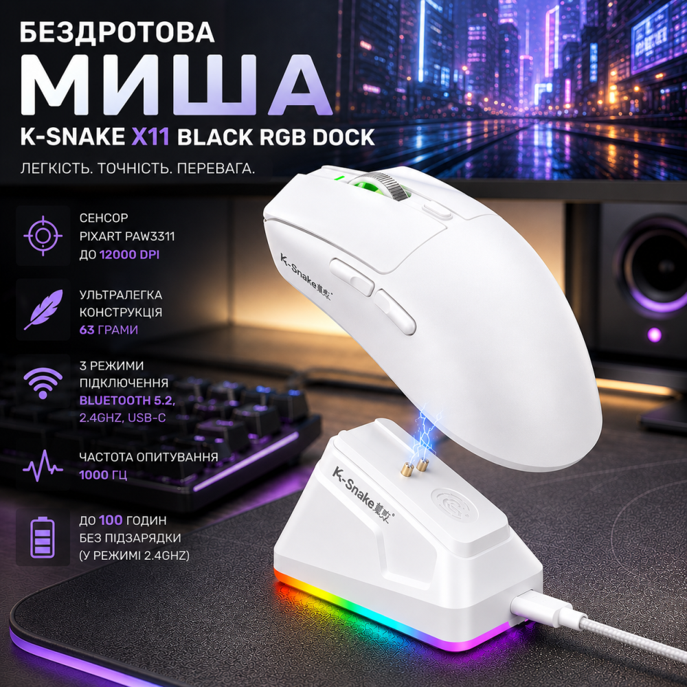 Бездротова миша K-SNAKE X11 White RGB Dock, PixArt PAW3311, 12000 DPI, 63 г, Bluetooth 5.2, 2.4GHz, USB-C, 1000 Гц Київ - фото 6